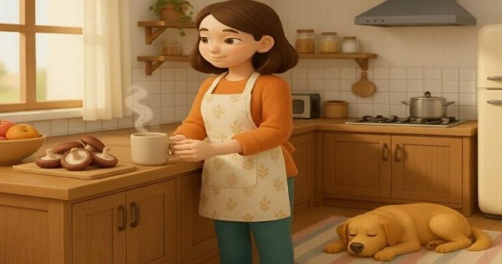 キッチンで温かい飲み物を手にする女性と、足元で眠る犬のイラスト