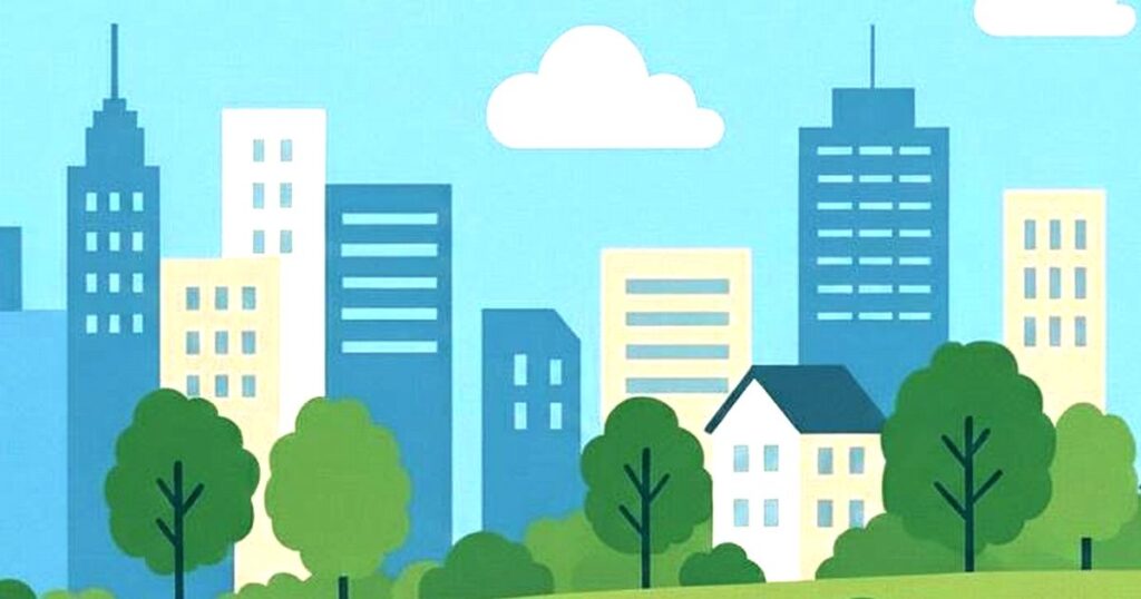 都市のビル群と緑の公園を描いたイラスト
