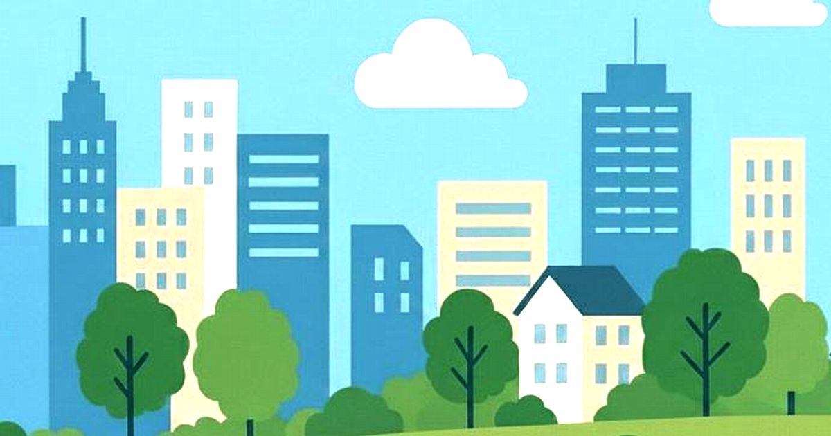 都市のビル群と緑の公園を描いたイラスト