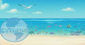青い海と砂浜、色とりどりの魚たち、ウミガメ、カモメ、左下に「PLANET CHECKLIST 2025」の地球ロゴが描かれたヘッダー画像