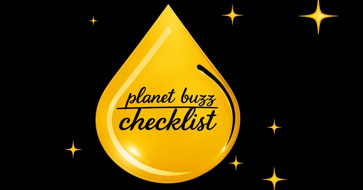 黄金のしずく型ロゴに「planet buzz checklist」と筆記体で書かれたデザイン画像