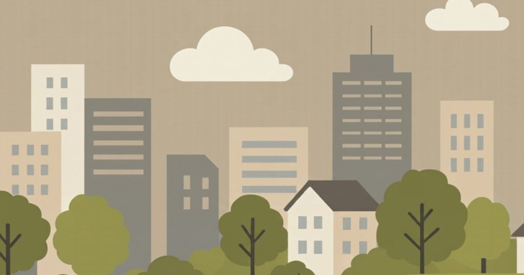 落ち着いた緑とベージュの配色で描かれた街並みのイラスト。ビルや住宅、木々が並ぶシンプルな都市風景の画像。