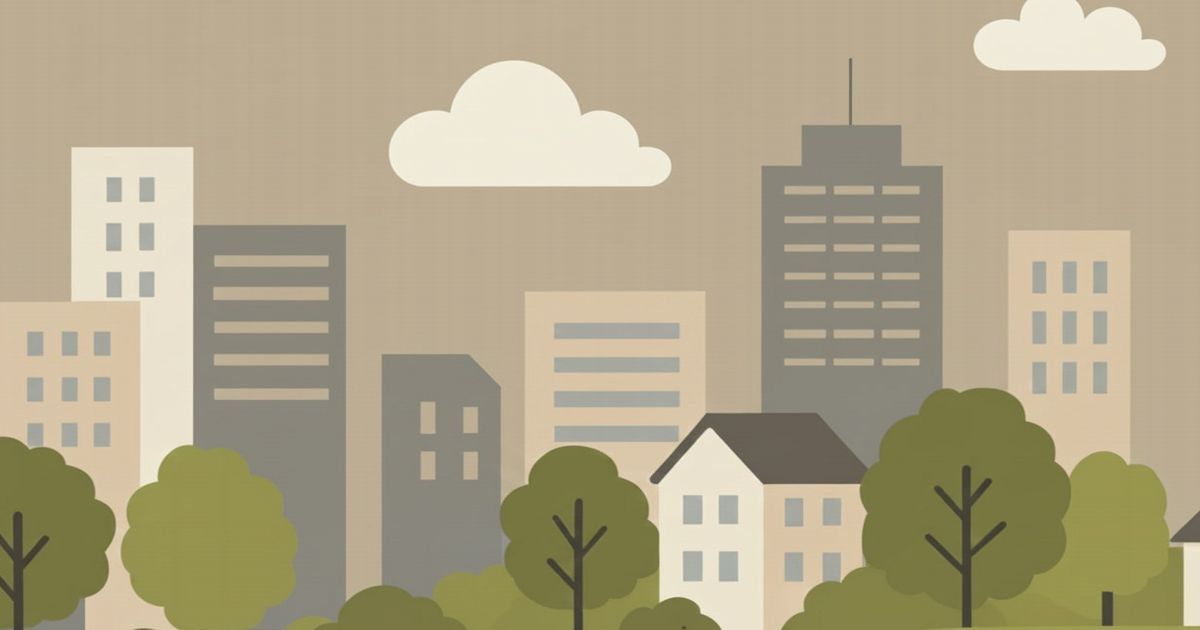 落ち着いた緑とベージュの配色で描かれた街並みのイラスト。ビルや住宅、木々が並ぶシンプルな都市風景の画像。