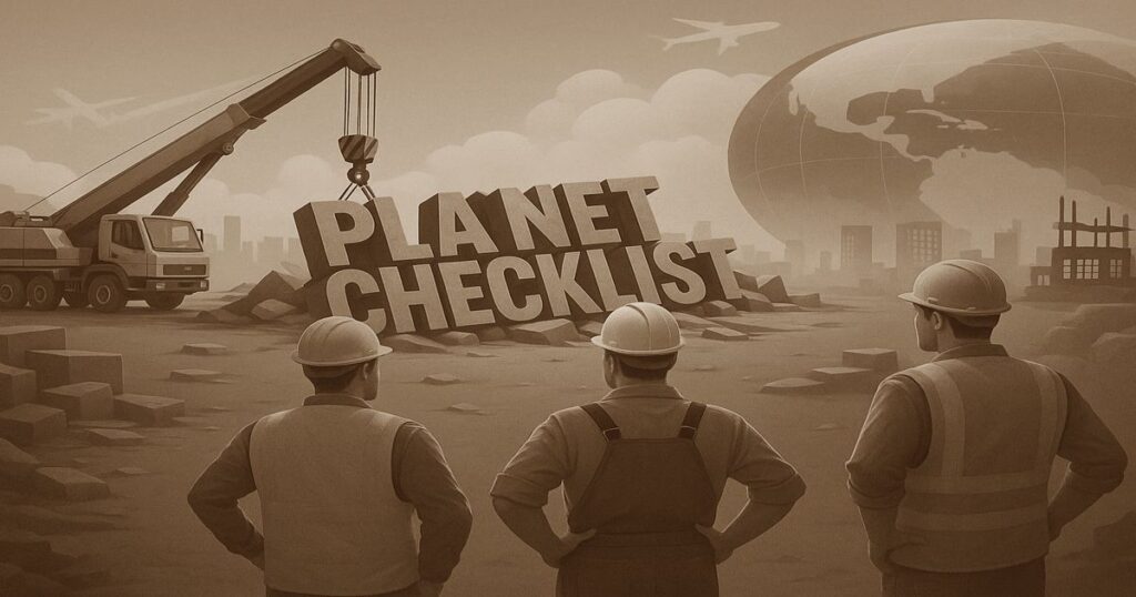 PLANET CHECKLIST の巨大な文字を建設作業員が組み上げる共通アイキャッチ画像
