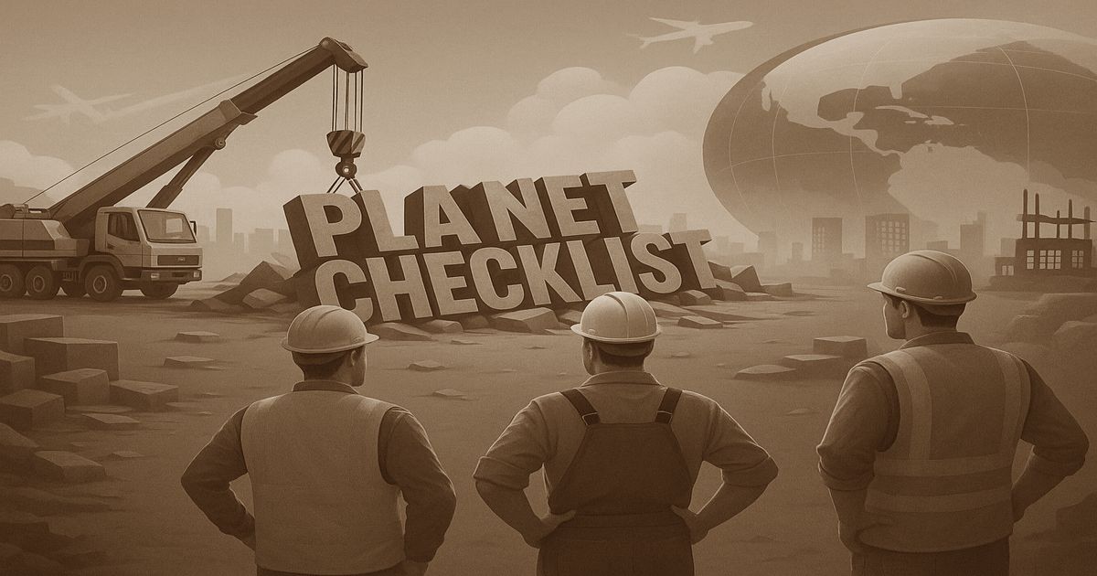 PLANET CHECKLIST の巨大な文字を建設作業員が組み上げる共通アイキャッチ画像