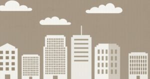 シンプルな建物シルエットが並ぶベージュ背景の都市イラスト