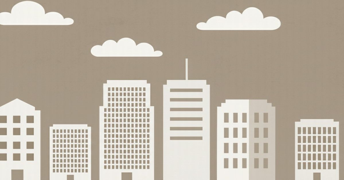 シンプルな建物シルエットが並ぶベージュ背景の都市イラスト