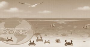 セピア色で描かれた海辺のイラスト。波打ち際のカニたち、泳ぐ魚たち、上空を飛ぶカモメ、左下に「PLANET CHECKLIST 2025」の地球マークが配置されたデザイン。