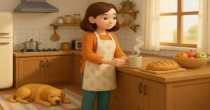 3Dアニメ風の明るいキッチンで、女性がコーヒーを持ちながら微笑む様子と、足元で眠る犬の家庭的なシーン