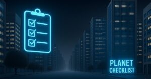 夜の都市に浮かぶネオン風チェックリストと“PLANET CHECKLIST”のロゴを描いたイラスト