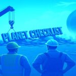 工事現場でクレーンが「PLANET CHECKLIST」の巨大文字を吊り上げ、作業員が見守っている青系トーンのイラスト