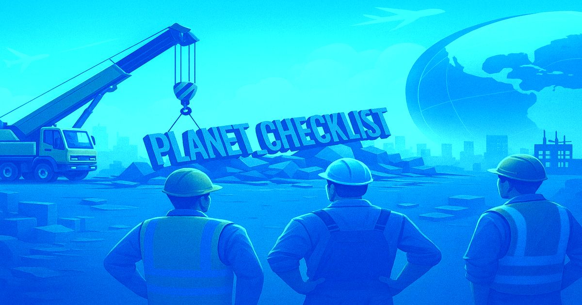 工事現場でクレーンが「PLANET CHECKLIST」の巨大文字を吊り上げ、作業員が見守っている青系トーンのイラスト