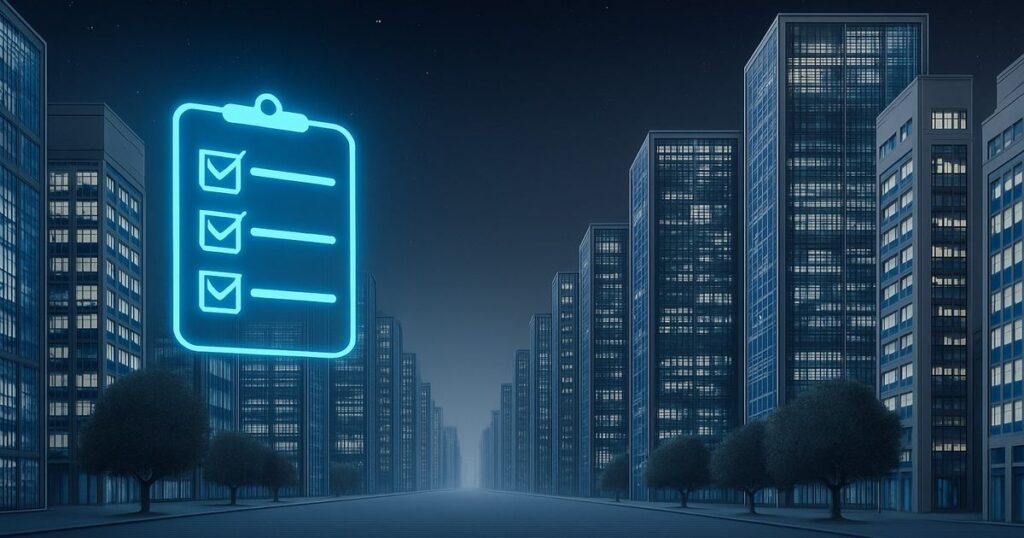 夜の高層ビル街に浮かぶネオンサインのチェックリストアイコン