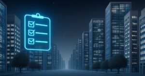 夜の高層ビル街に浮かぶネオンサインのチェックリストアイコン