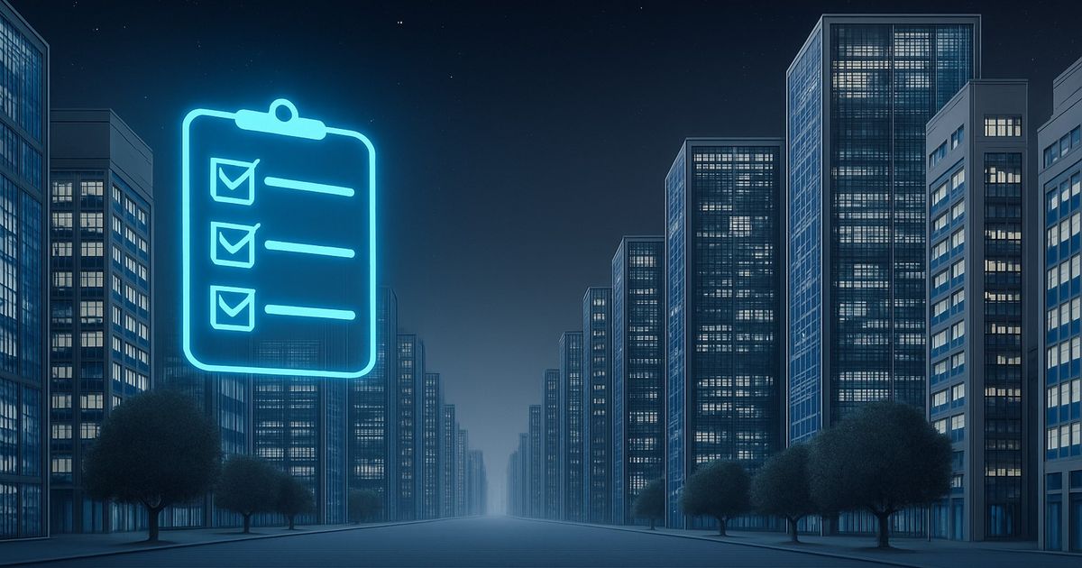 夜の高層ビル街に浮かぶネオンサインのチェックリストアイコン