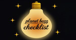 「planet buzz checklist」の文字が入った発光する電球アイコンのトレンド共通デザイン画像