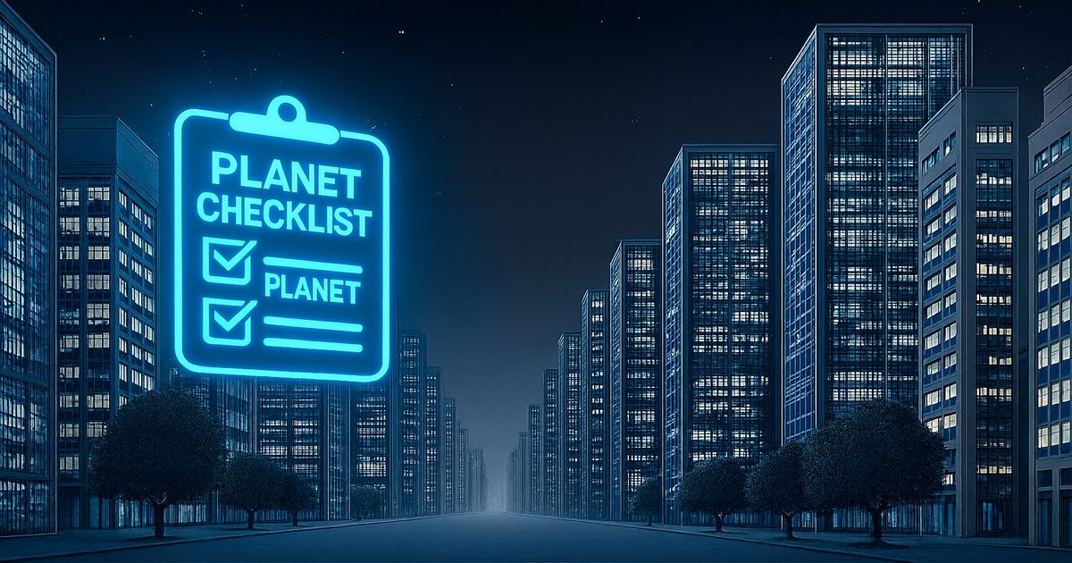 ネオンサイン風の“PLANET CHECKLIST”が夜の高層ビル街に浮かぶデジタルアート。青い光が都会の景観を照らす象徴的なデザイン