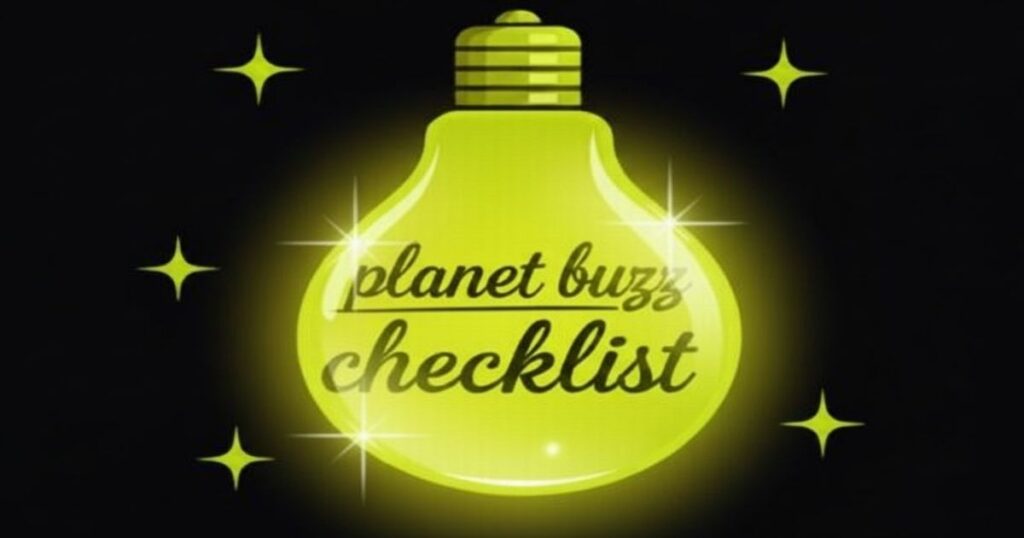トレンド急上昇を象徴する黄緑のライト電球とplanet buzz checklistのロゴ画像