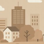 MKフーズ倒産の原因と全貌を徹底解説する最新情報 薄茶色のトーンで描かれた街並みのイラスト。ビルや家、木々が並ぶ落ち着いた風景。