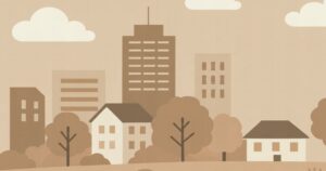 薄茶色のトーンで描かれた街並みのイラスト。ビルや家、木々が並ぶ落ち着いた風景。