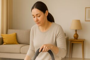 リビングで掃除機をかける落ち着いた雰囲気の女性