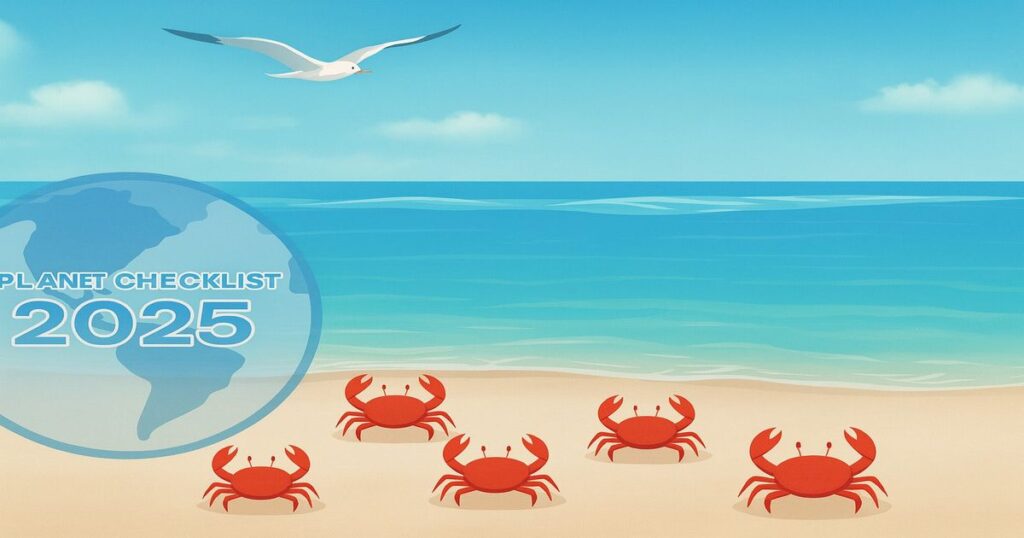 海辺の砂浜にカニ5匹が並び、上空をカモメが飛ぶ中、左下に「PLANET CHECKLIST 2025」の地球ロゴが描かれた共通アイキャッチ画像
