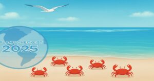 海辺の砂浜にカニ5匹が並び、上空をカモメが飛ぶ中、左下に「PLANET CHECKLIST 2025」の地球ロゴが描かれた共通アイキャッチ画像