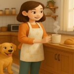 キッチンでカップを手に持つ女性と、起きて嬉しそうに座る犬のイラスト