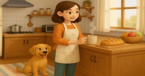 キッチンでカップを手に持つ女性と、起きて嬉しそうに座る犬のイラスト