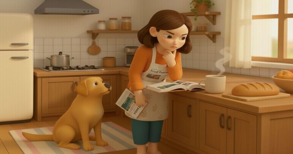 食中毒の記事を読みながら不安そうにキッチンで考える女性と犬