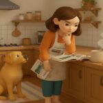 インフル流行期の正しい加湿器対策と使い方 記事を読みながら不安そうにキッチンで考える女性と犬