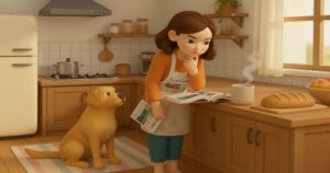 記事を読みながら不安そうにキッチンで考える女性と犬