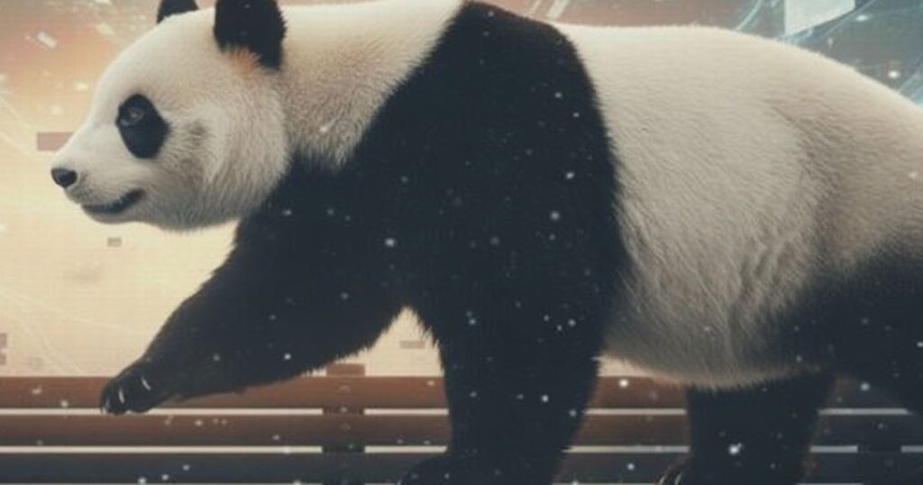 デジタル空間を歩くジャイアントパンダの横向きイラスト