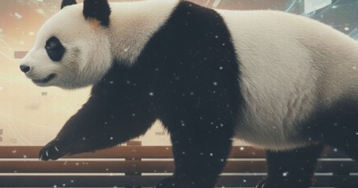 デジタル空間を歩くジャイアントパンダの横向きイラスト