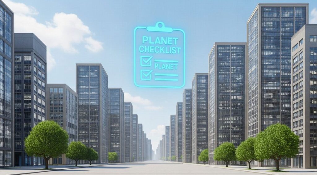 高層ビル街の中央に、青いネオンクリップボード型ロゴ「PLANET CHECKLIST」が浮かぶ共通アイキャッチ画像