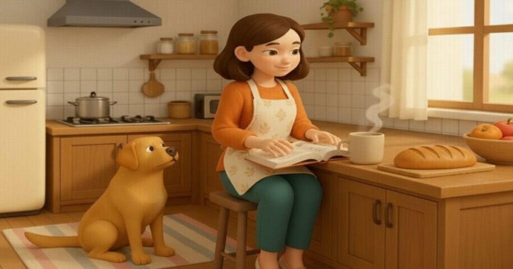 キッチンで本を読む女性と起きて見上げる犬のイラスト