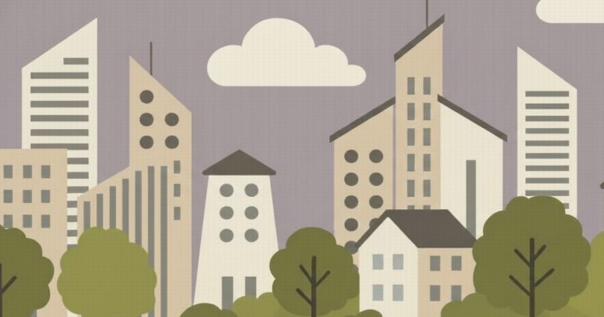 紫色の背景に建物と樹木が並ぶシンプルな街並みイラスト