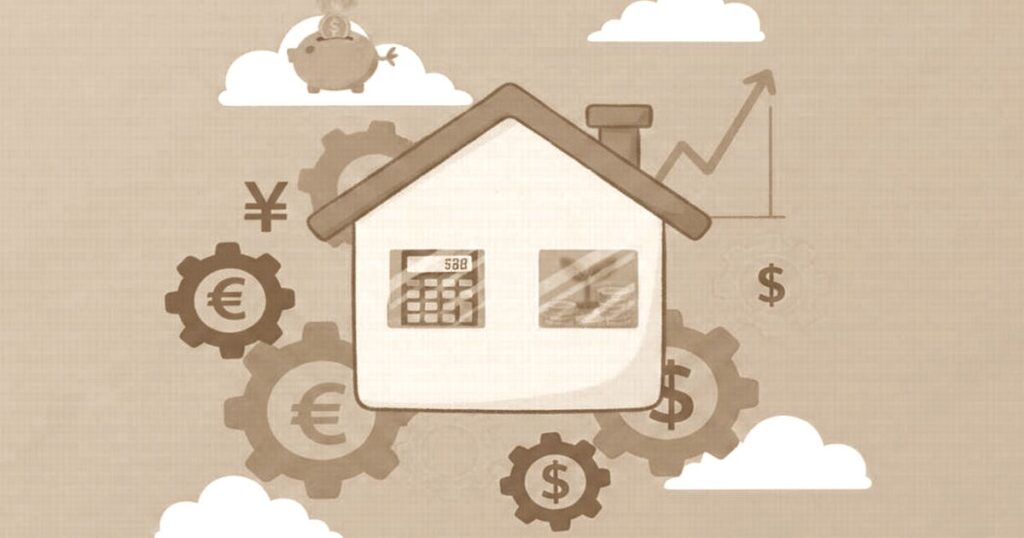 住宅費や家計の経済状況を示すアイコンイラスト。家と通貨記号、歯車、貯金、グラフなどのお金に関する要素を表現した画像。