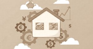 住宅費や家計の経済状況を示すアイコンイラスト。家と通貨記号、歯車、貯金、グラフなどのお金に関する要素を表現した画像。