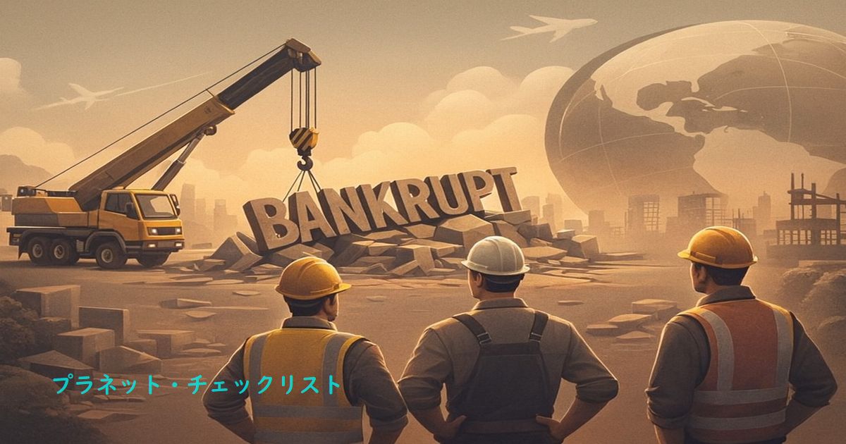 セピア色の建設現場で、クレーン車と労働者が「BANKRUPT」の巨大文字を見つめる様子のアイキャッチ画像