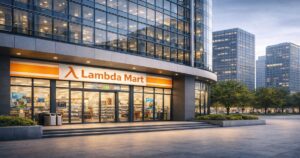 オフィスビル1階に入るコンビニ「Lambda Mart」の外観