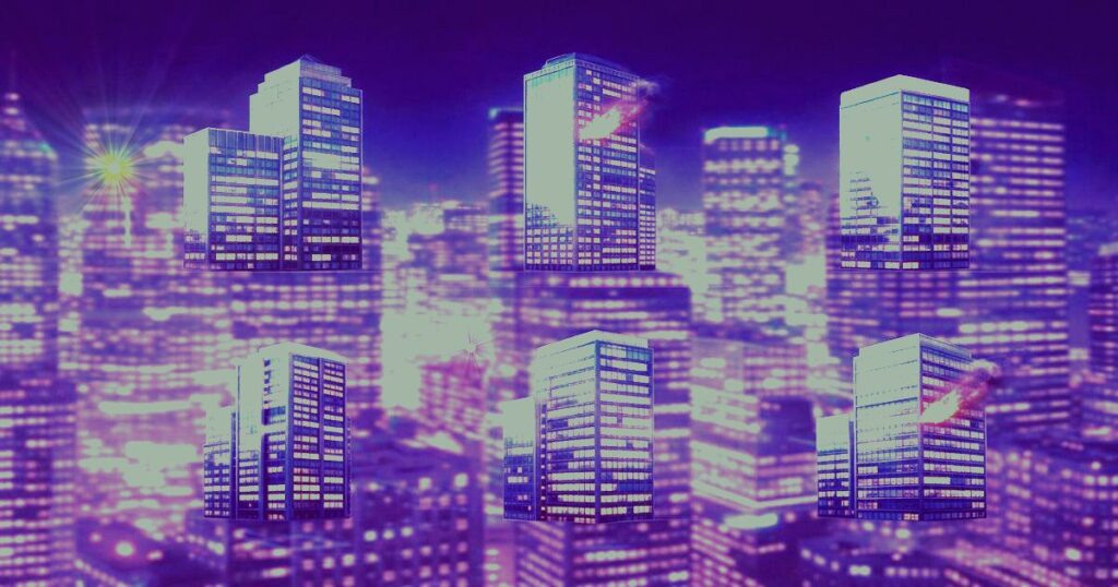 紫色の夜景を背景に並ぶ複数の高層ビルのイメージイラスト