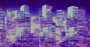 紫色の夜景を背景に並ぶ複数の高層ビルのイメージイラスト