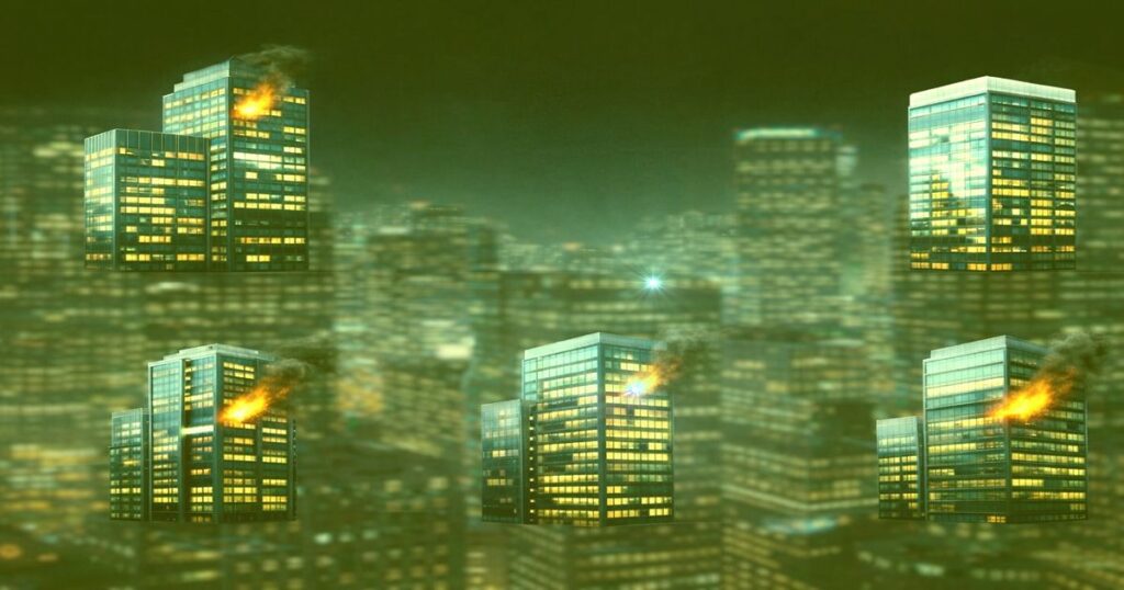 夜の都市に立ち並ぶ高層ビルで複数箇所から火災が発生しているイメージイラスト