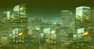 夜の都市に立ち並ぶ高層ビルで複数箇所から火災が発生しているイメージイラスト