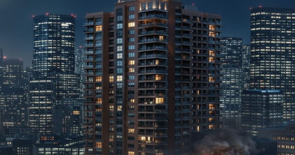 夜の都市部に建つ高層マンションと周囲のビル群、下層部に煙が立ち上る様子