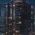 夜の都市部に建つ高層マンションと周囲のビル群、下層部に煙が立ち上る様子