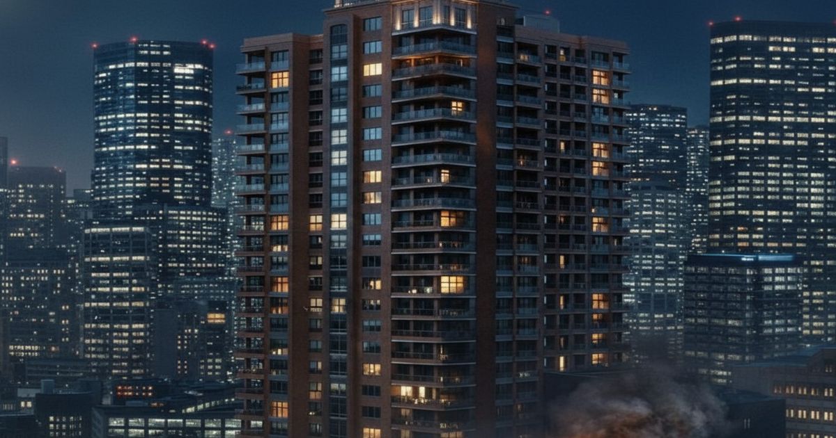 夜の都市部に建つ高層マンションと周囲のビル群、下層部に煙が立ち上る様子
