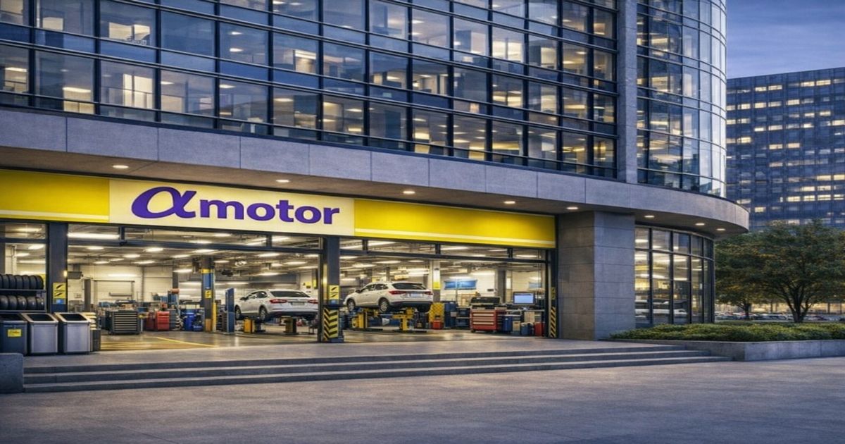 都市型ビル1階に入る自動車整備工場、ガラス張りの店内で車両整備が行われている様子