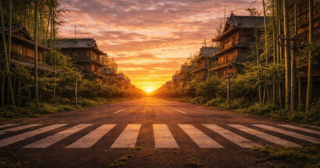 夕焼けの直線道路と瓦屋根の木造建物を竹林が囲む日本の街並み
